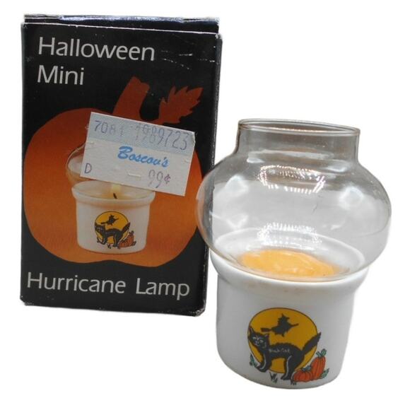 Vintage Halloween Black Cat Mini Hurricane Lamp Robert Alan Candle Co in Box - Picture 1 of 9